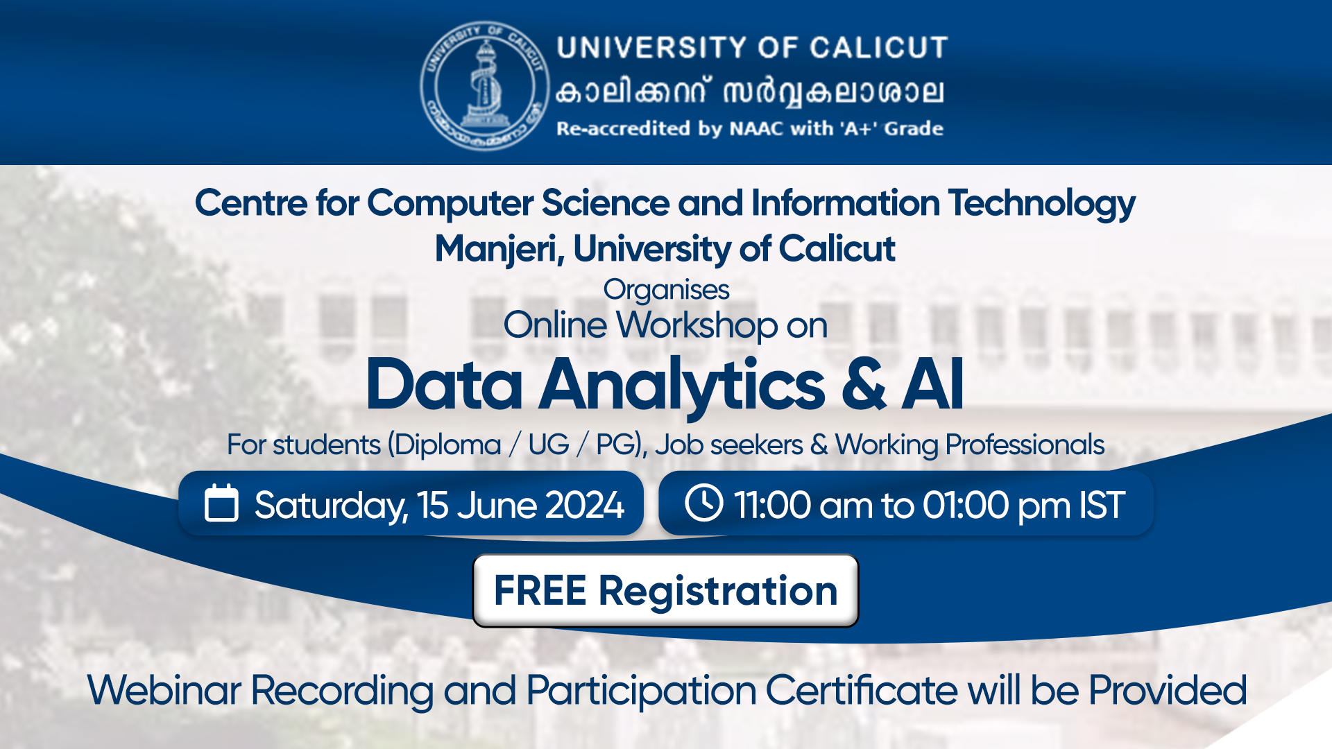 Workshop on Data Analytics & AI by CCSIT, Manjeri, University of Calicut